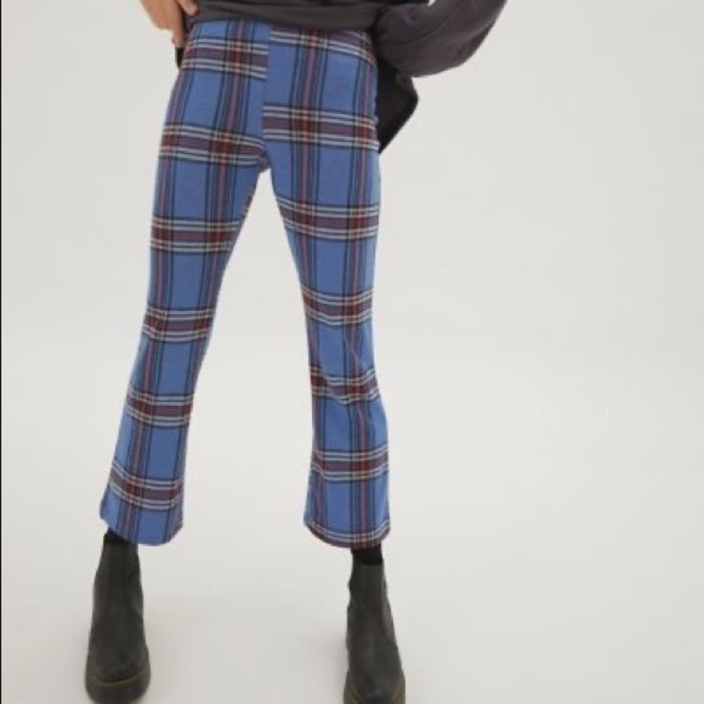 Urban Outfitters Cara High-Waisted Kick Flare Pant Blue Plaid